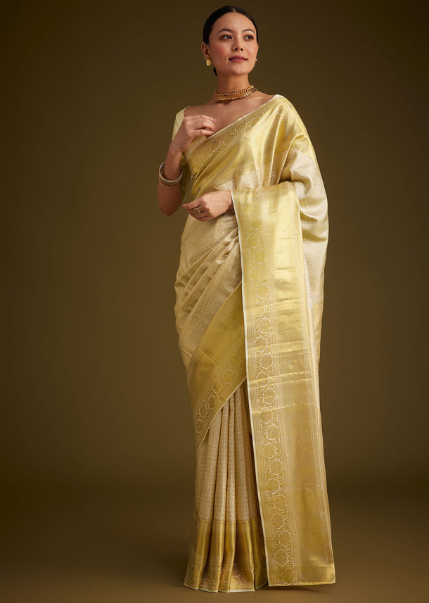 Ivory Kanjivaram Silk Saree With Golden Zari Border
