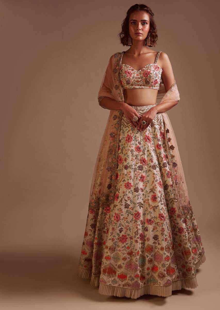 Ivory Lehenga Choli In Raw Silk With Colorful Resham Spring Blooms And Geometric Motifs