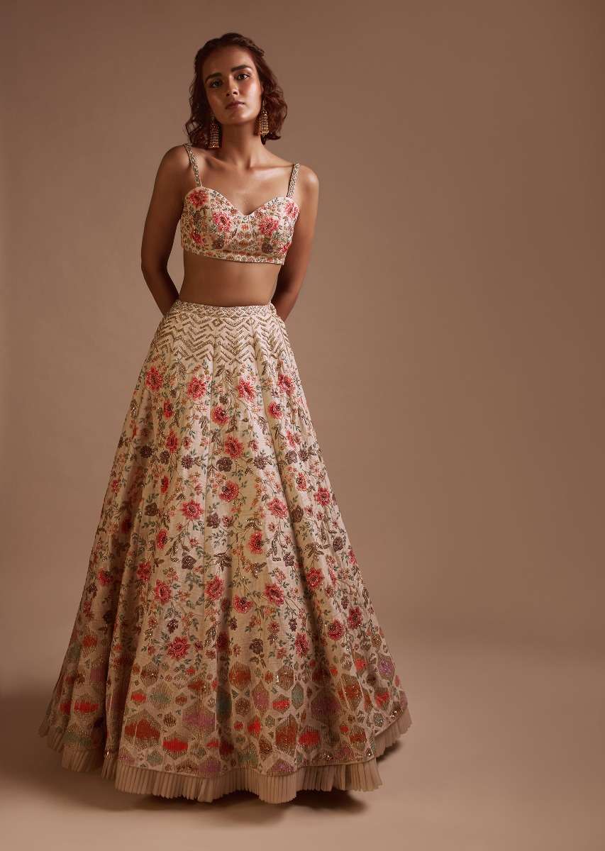 Ivory Lehenga Choli In Raw Silk With Colorful Resham Spring Blooms And Geometric Motifs