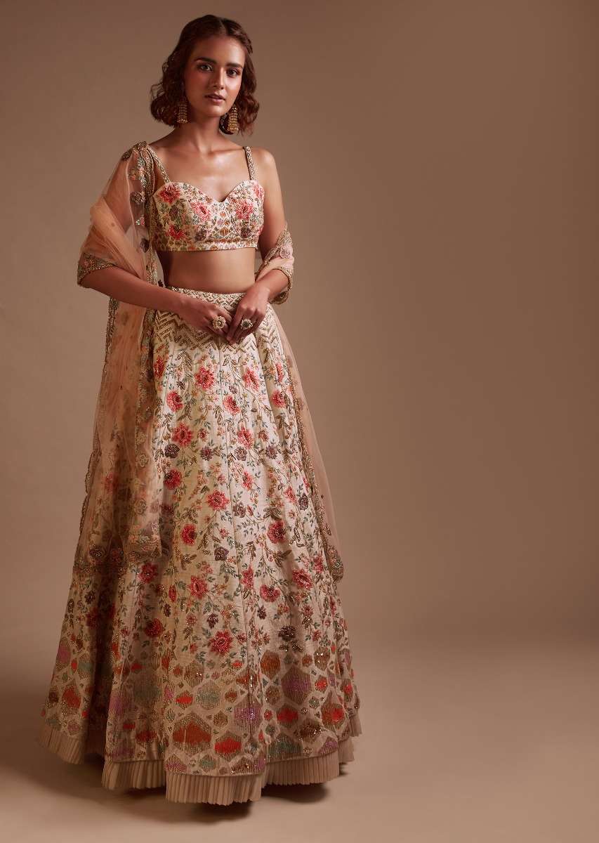Ivory Lehenga Choli In Raw Silk With Colorful Resham Spring Blooms And Geometric Motifs