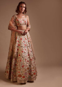 Ivory Lehenga Choli In Raw Silk With Colorful Resham Spring Blooms And Geometric Motifs