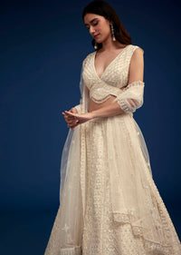 Ivory Lehenga Set With Moti And Resham Work