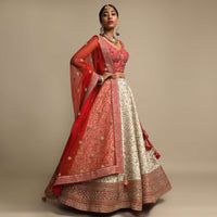 Ivory Lehenga Set With Red Border And Intricate Zari Embroidered Floral Jaal