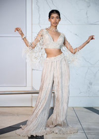 Ivory Patchwork Blouse With Cutwork Jacket And Ruched Palazzo