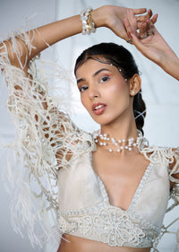 Ivory Patchwork Blouse With Cutwork Jacket And Ruched Palazzo
