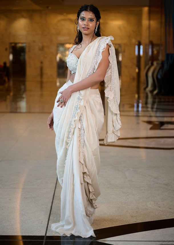 Ivory Pre-Stitched Frill Tissue Saree With Blouse