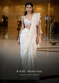 Ivory Pre-Stitched Frill Tissue Saree With Blouse