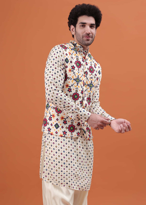 Ivory Printed Kurta Jacket Set For Men