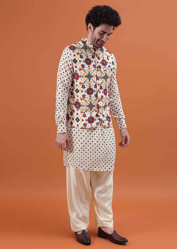 Ivory Printed Kurta Jacket Set For Men