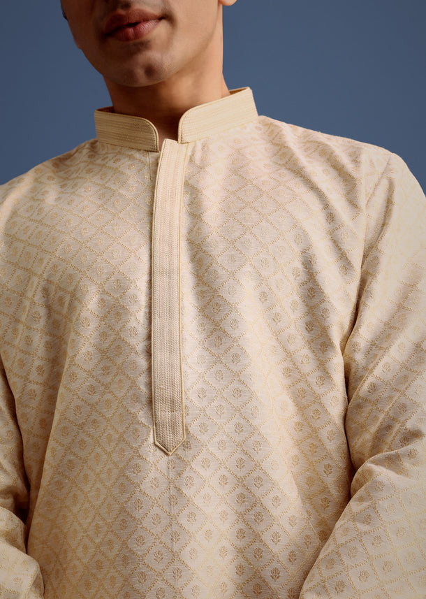 Ivory Printed Kurta Pyjama Set For Men