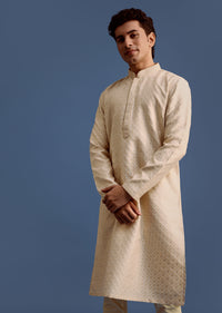 Ivory Printed Kurta Pyjama Set For Men