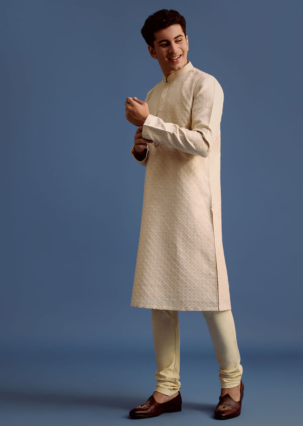Ivory Printed Kurta Pyjama Set For Men