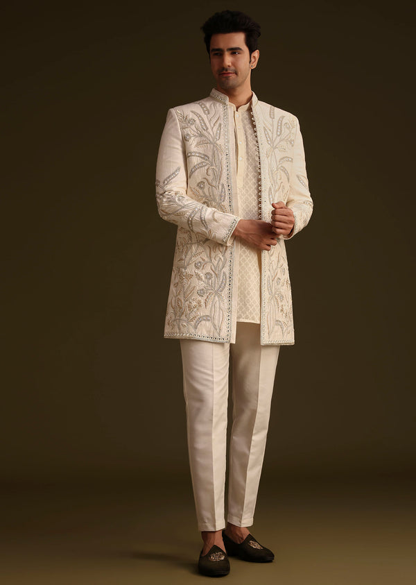 Ivory Silk Indo Western Set With Zardosi Work