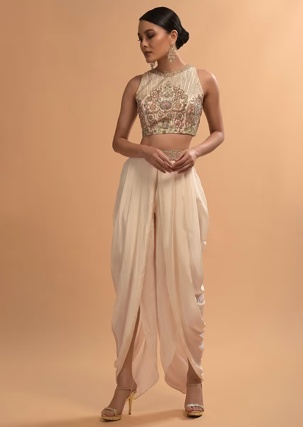 Ivory Tulip Dhoti And Crop Top Set With Embossed Floral Embroidery And High Neckline