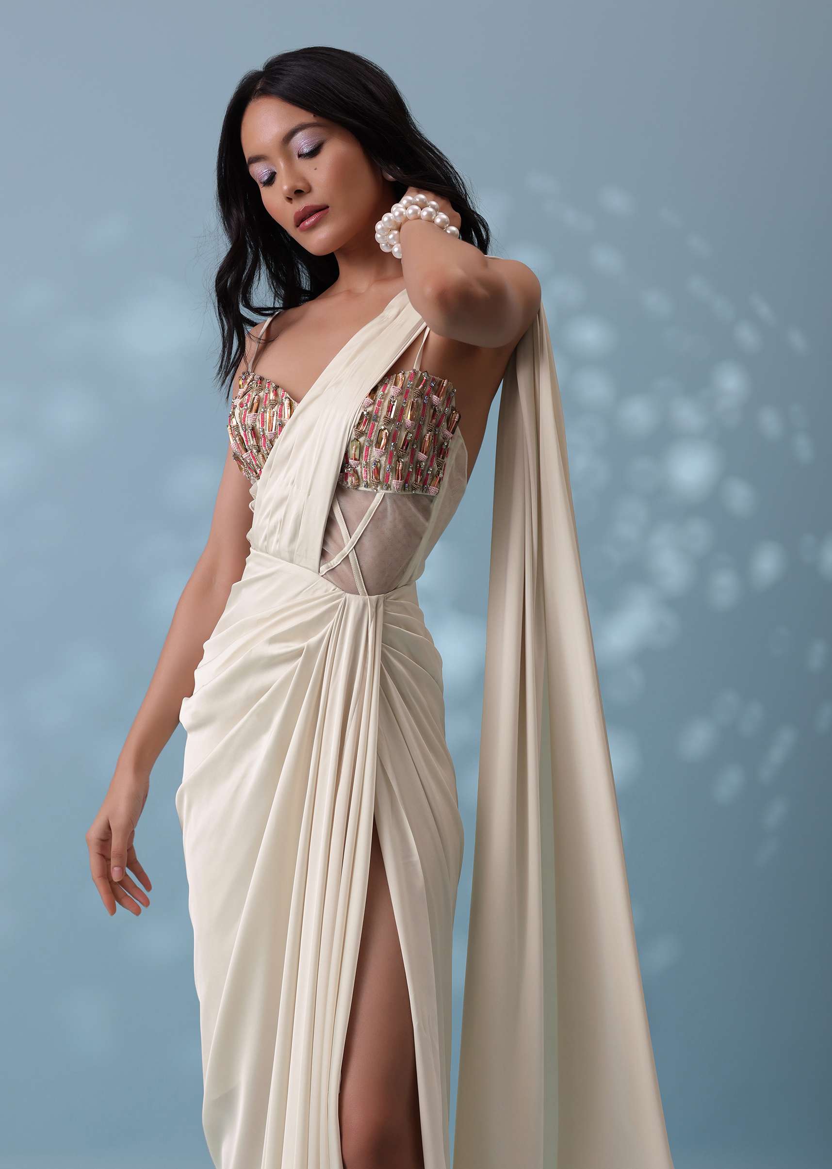 Ivory White Ready-To-Wear Embroidered Drape Saree Gown In Satin