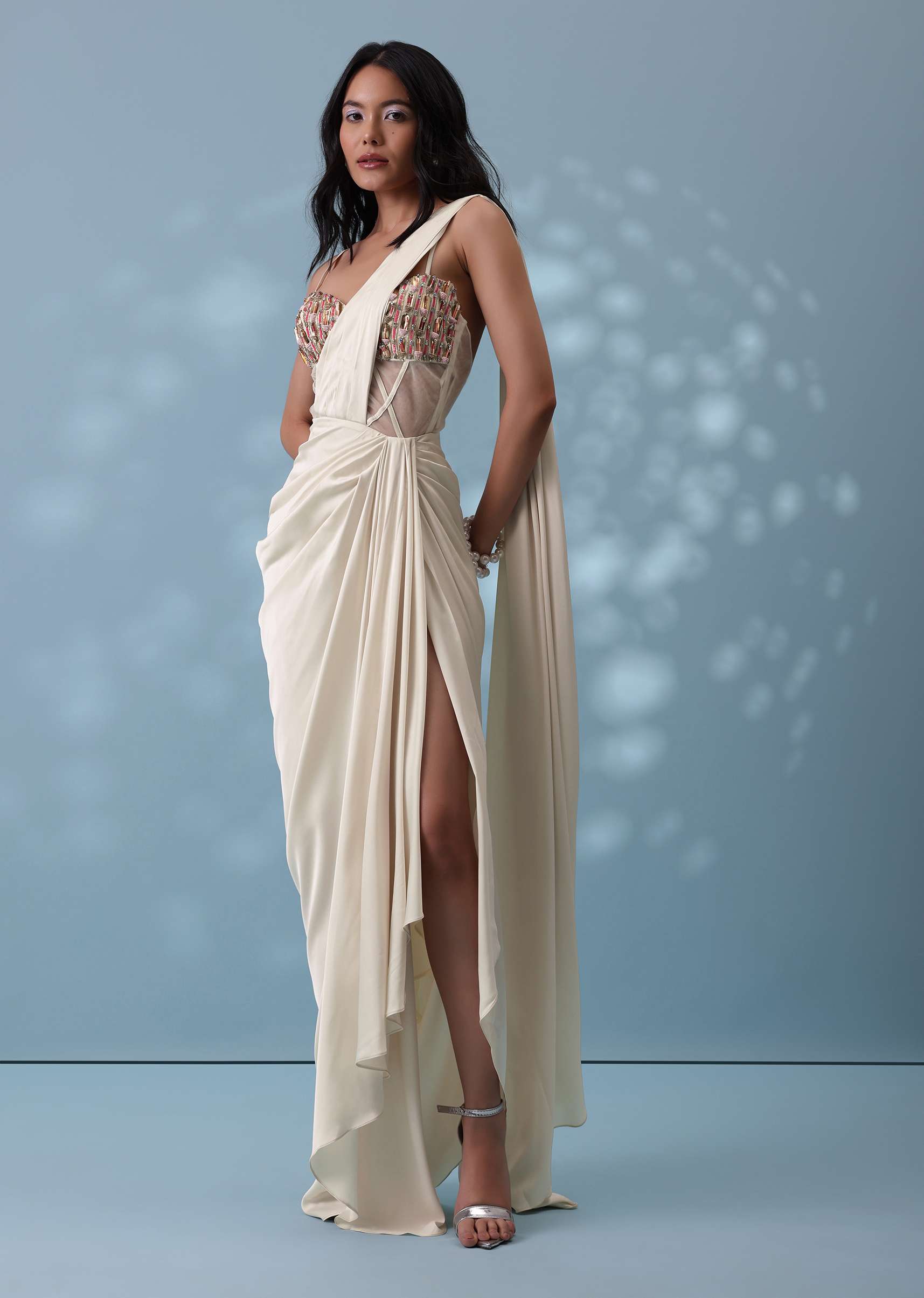 Ivory White Ready-To-Wear Embroidered Drape Saree Gown In Satin