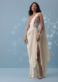 Ivory White Ready-To-Wear Embroidered Drape Saree Gown In Satin