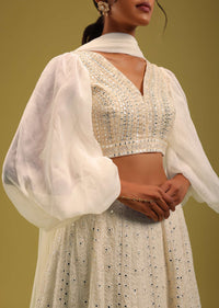 Ivory White Abala Embroidered Lehenga And Blouse Set In Georgette