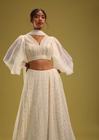 Ivory White Abala Embroidered Lehenga And Blouse Set In Georgette