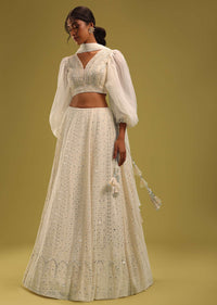 Ivory White Abala Embroidered Lehenga And Blouse Set In Georgette