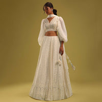 Ivory White Abala Embroidered Lehenga And Blouse Set In Georgette