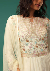 Ivory White Anarkali Suit In Silk With Handwork