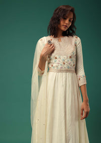 Ivory White Anarkali Suit In Silk With Handwork