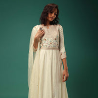 Ivory White Anarkali Suit In Silk With Handwork