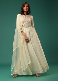 Ivory White Anarkali Suit In Silk With Handwork