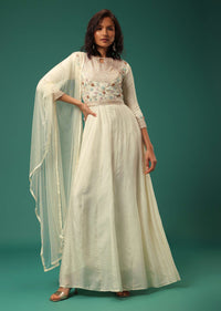 Ivory White Anarkali Suit In Silk With Handwork