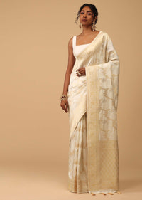 Ivory White Dola Silk Saree With Silver And Gold Jaal Embroidery In Floral Pattern