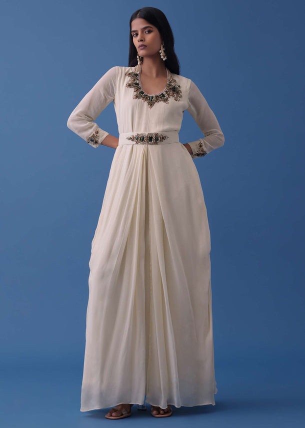 Ivory White Embellished Indowestern Dress And Belt Set In Georgette