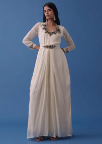 Ivory White Embellished Indowestern Dress And Belt Set In Georgette