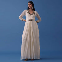 Ivory White Embellished Indowestern Dress And Belt Set In Georgette