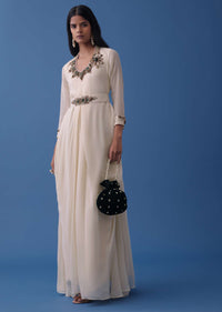 Ivory White Embellished Indowestern Dress And Belt Set In Georgette