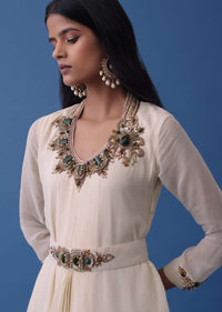 Ivory White Embellished Indowestern Dress And Belt Set In Georgette