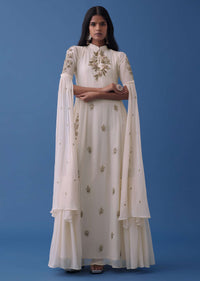 Ivory White Embroidered Indowestern Georgette Dress With Stylized Flared Sleeves