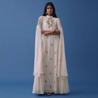 Ivory White Embroidered Indowestern Georgette Dress With Stylized Flared Sleeves