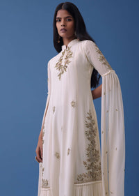 Ivory White Embroidered Indowestern Georgette Dress With Stylized Flared Sleeves