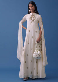 Ivory White Embroidered Indowestern Georgette Dress With Stylized Flared Sleeves