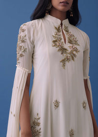 Ivory White Embroidered Indowestern Georgette Dress With Stylized Flared Sleeves