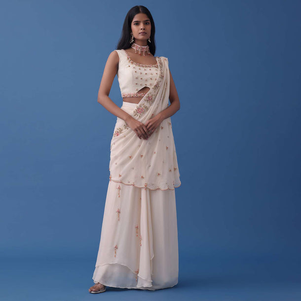 Ivory White Embroidered Indowestern Set With Pre-Draped Dupatta In Georgette
