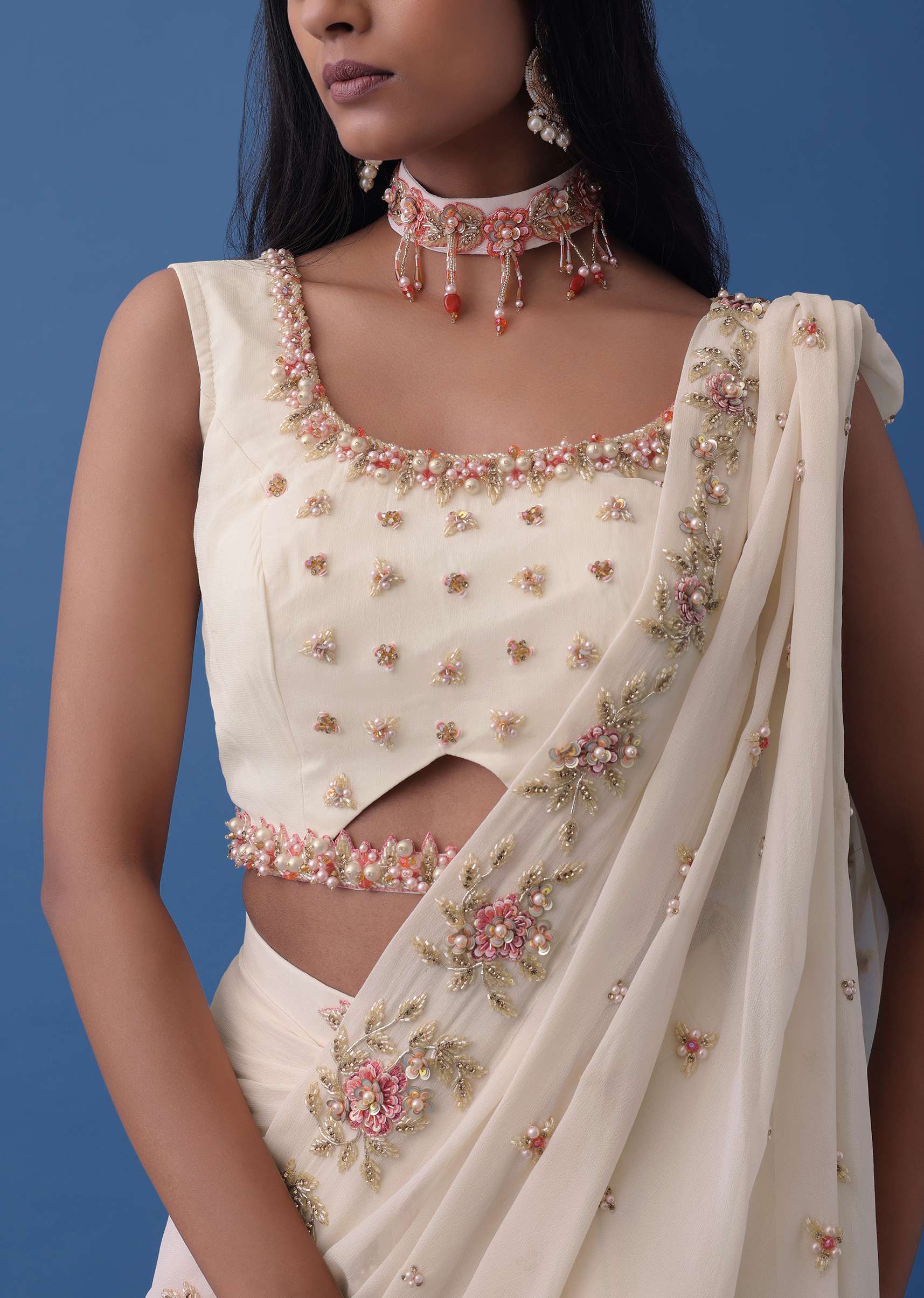 Ivory White Embroidered Indowestern Set With Pre-Draped Dupatta In Georgette