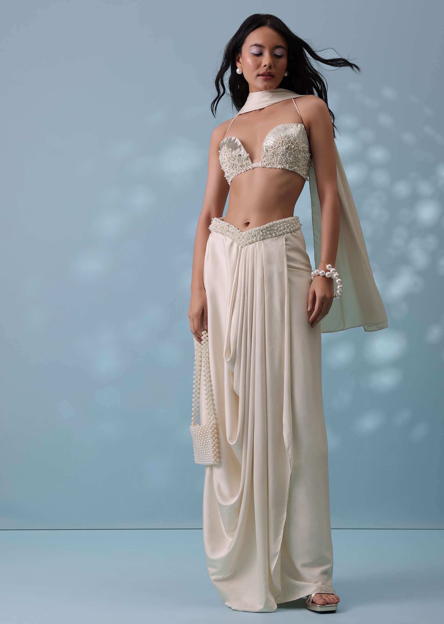 Ivory White Embroidered Drape Skirt And Bustier Top In Milano Satin