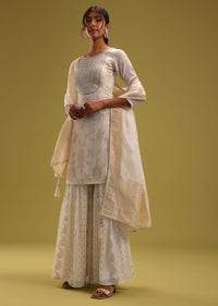 Ivory White Embroidered Kurti And Sharara Set With Brocade Dupatta