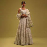 Ivory White Georgette Lehenga Set With Intricate Lucknowi Embroidery
