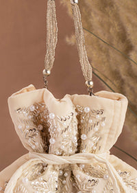 Ivory White Hand Embroidered Potli In Velvet