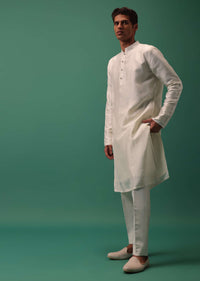 Ivory White Highlighted Bandhgala Set With Kurta And Fusing Pants