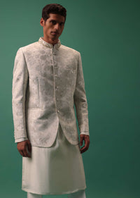 Ivory White Highlighted Bandhgala Set With Kurta And Fusing Pants