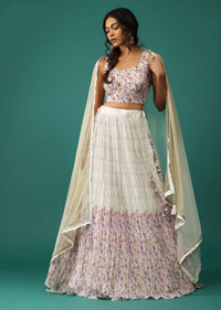 Ivory White Lehenga And Blouse Set In Silk With Floral Print